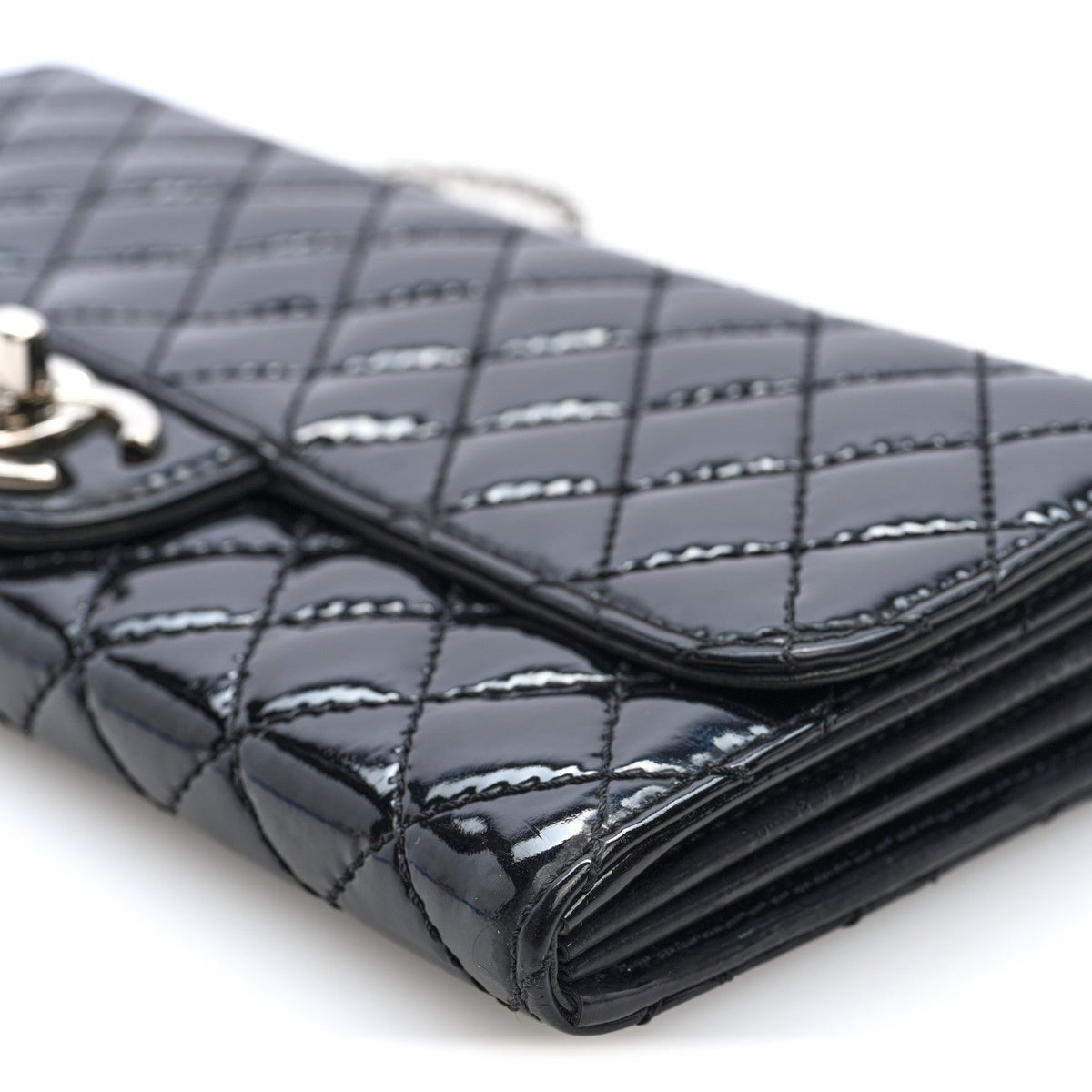 Chanel Patent Calfskin Quilted Flap Clutch With Chain Black