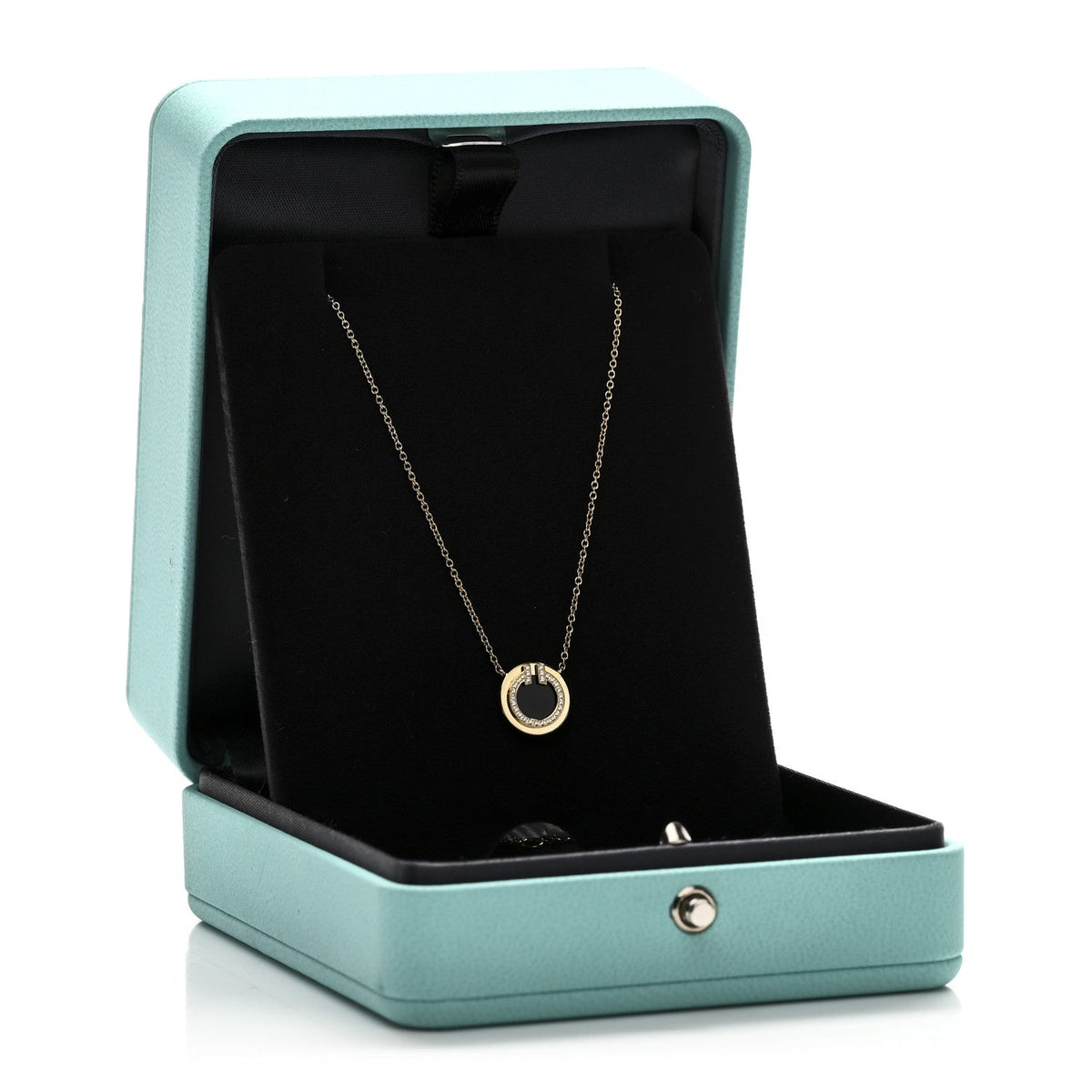 Tiffany 18K Yellow Gold Diamond Black Onyx Small T Circle Pendant Necklace