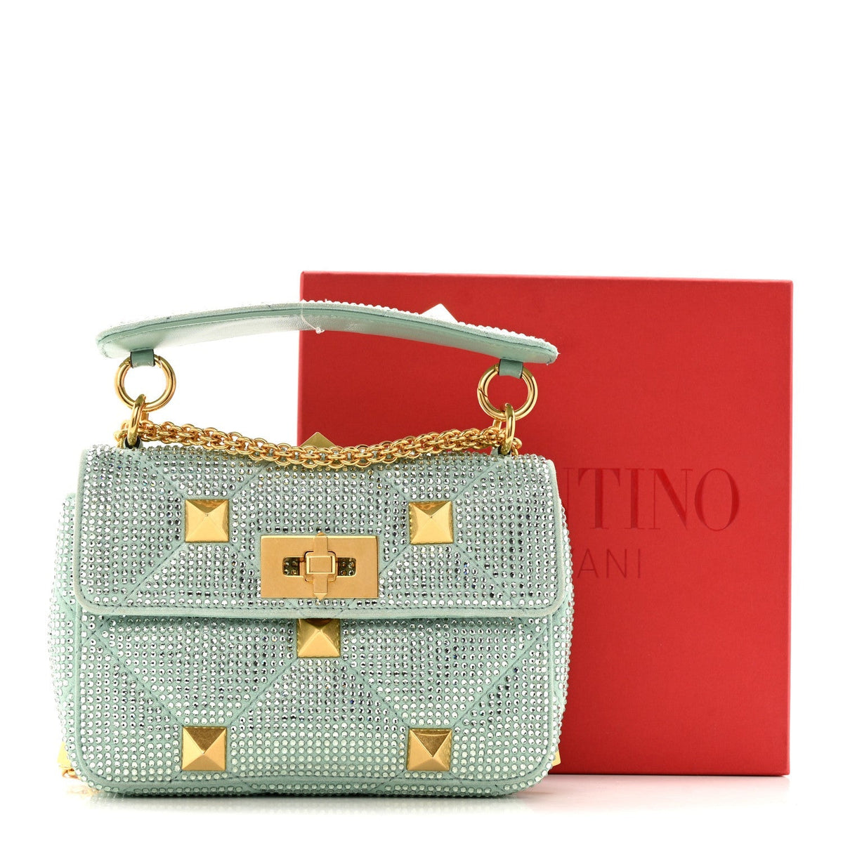 Valentino Garavani Crystal Suede Small Roman Stud Shoulder Bag Green