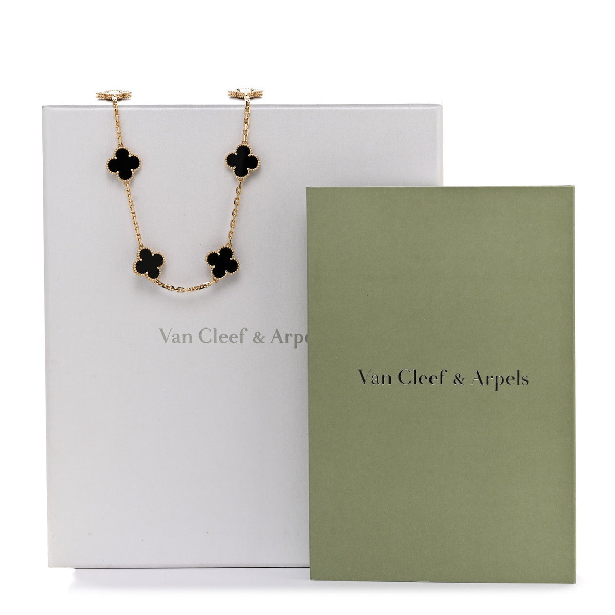 Van Cleef & Arpels 18K Yellow Gold Onyx 10 Motif Vintage Alhambra Necklace