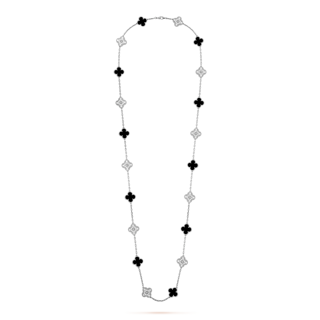 18K White Gold Diamond Onyx VCA Vintage Alhambra Necklace