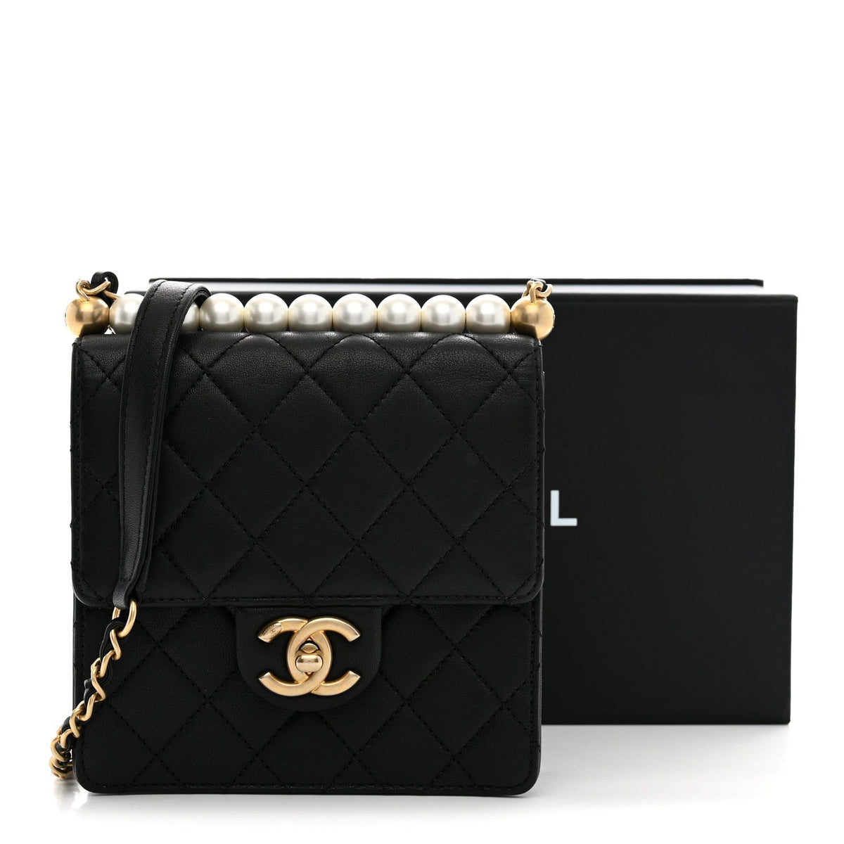 Chanel Goatskin Quilted Chic Pearls Flap Black