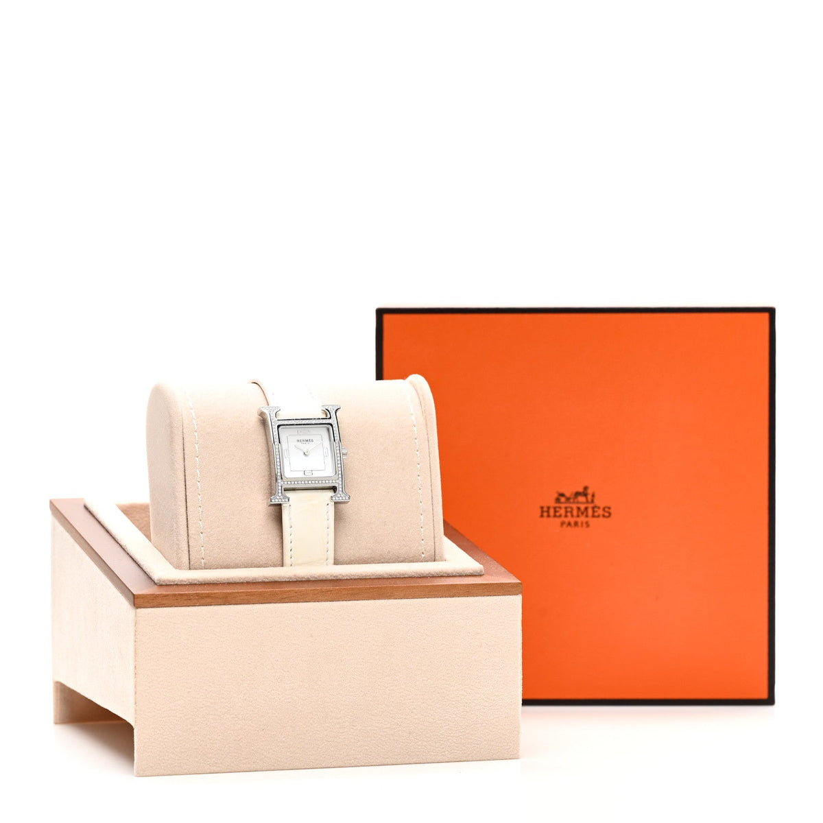 Hermès Stainless Steel Alligator Diamond 21mm Heure H Watch Blanc