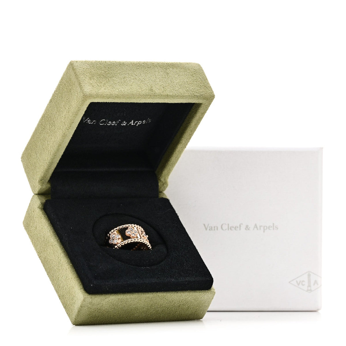 Van Cleef & Arpels 18K Rose Gold Diamond Perlee Clovers Ring 48 4.5