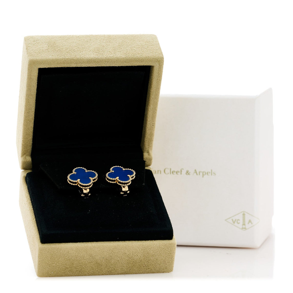 Van Cleef & Arpels 18K Yellow Gold Blue Agate Vintage Alhambra Earrings