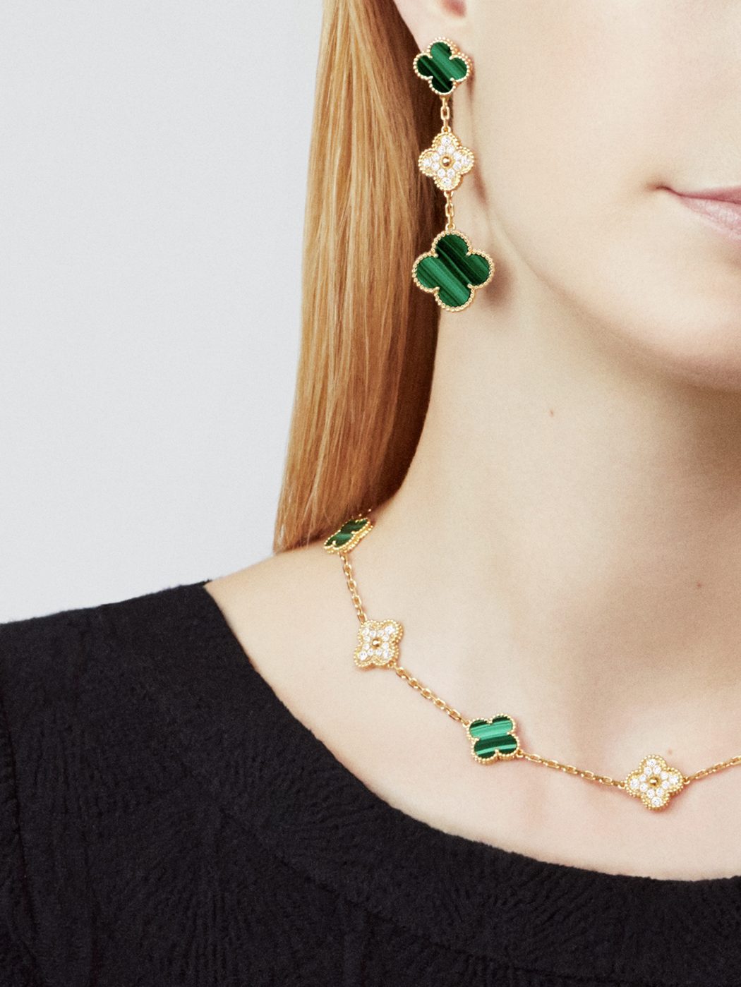 18K Gold Malachite Diamonds VCA Vintage Alhambra Necklace