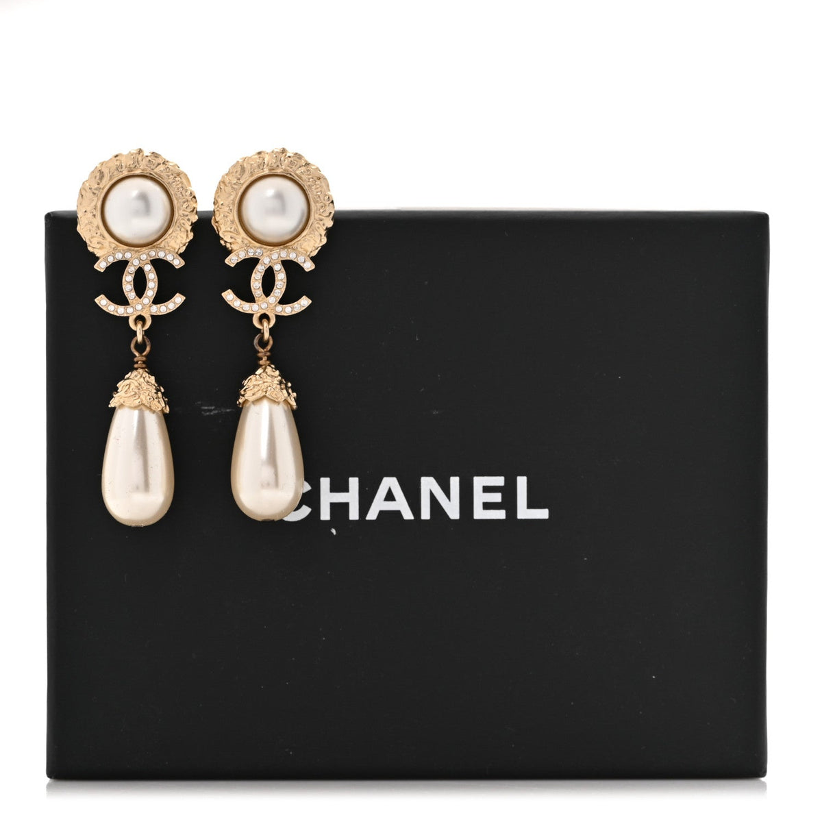 Chanel Metal Pearl Crystal Teardrop CC Drop Earrings Gold