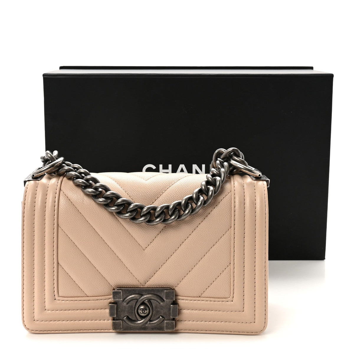 Chanel Caviar Chevron Quilted Small Boy Flap Light Beige