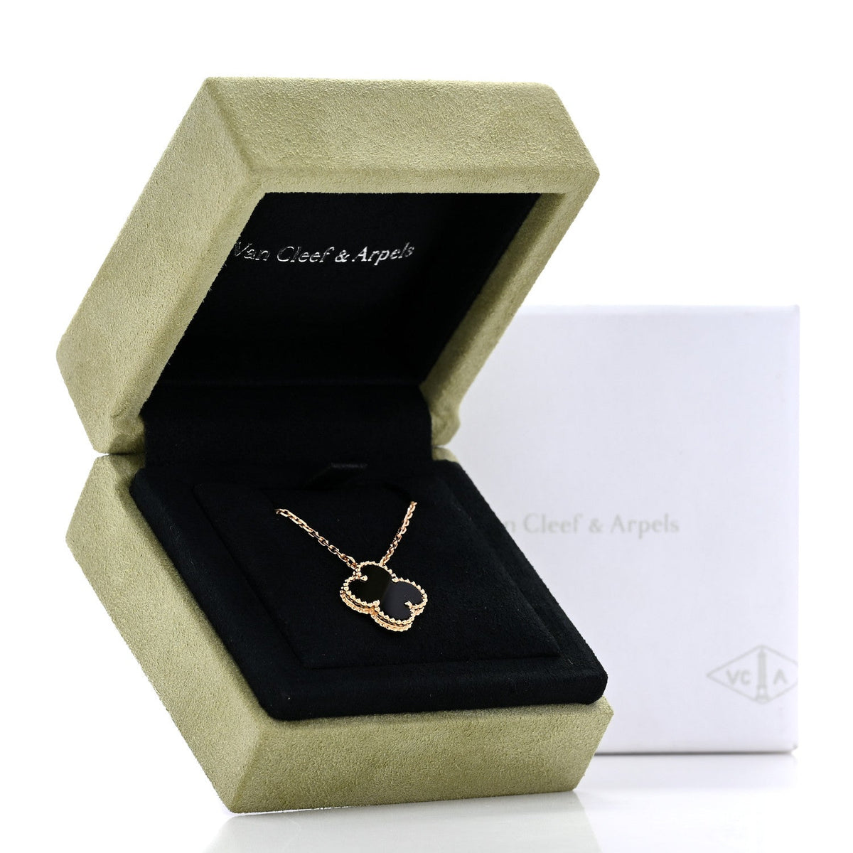 Van Cleef & Arpels 18K Yellow Gold Onyx Vintage Alhambra Pendant Necklace