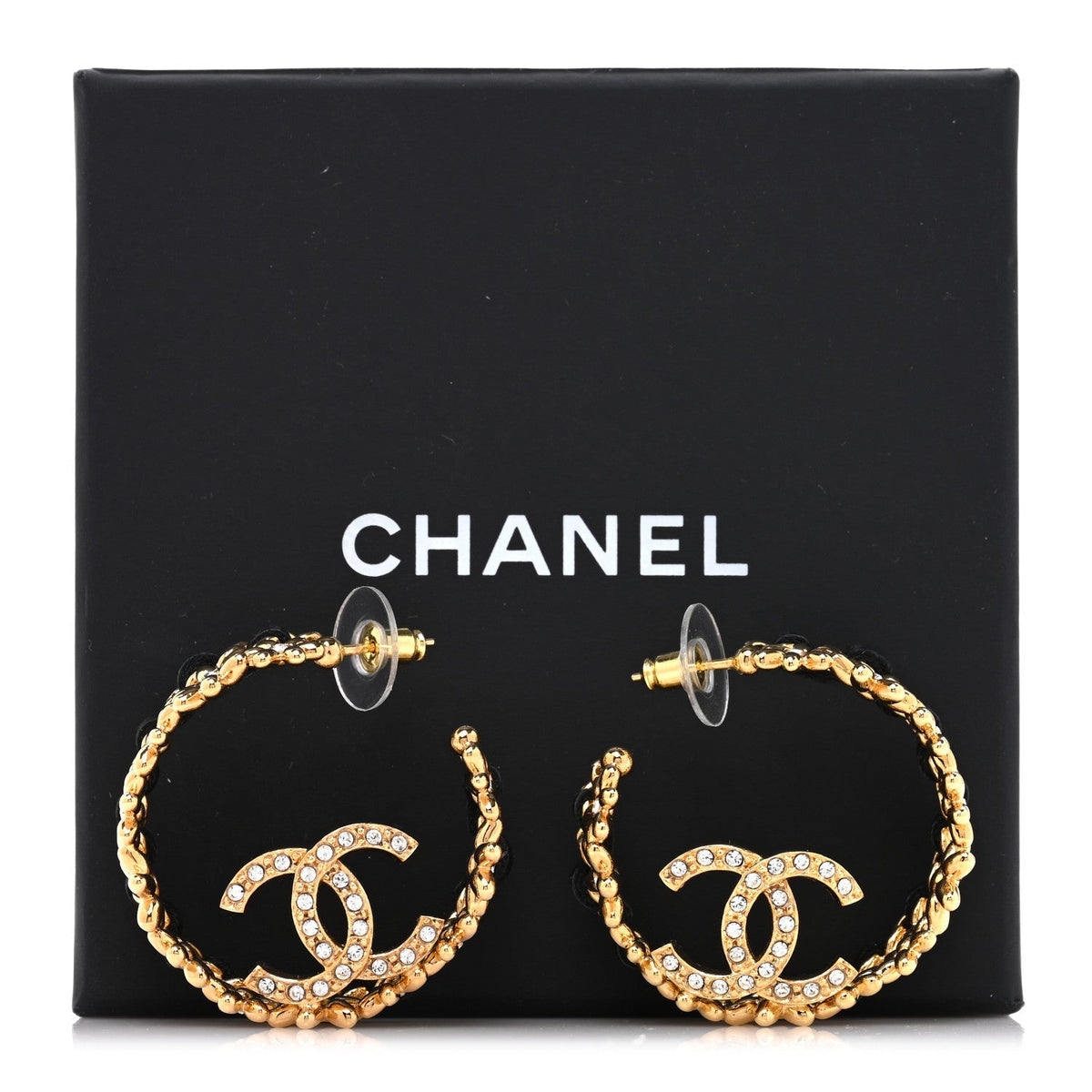 Chanel Lambskin Chain Crystal CC Flower Hoop Earrings Gold Black