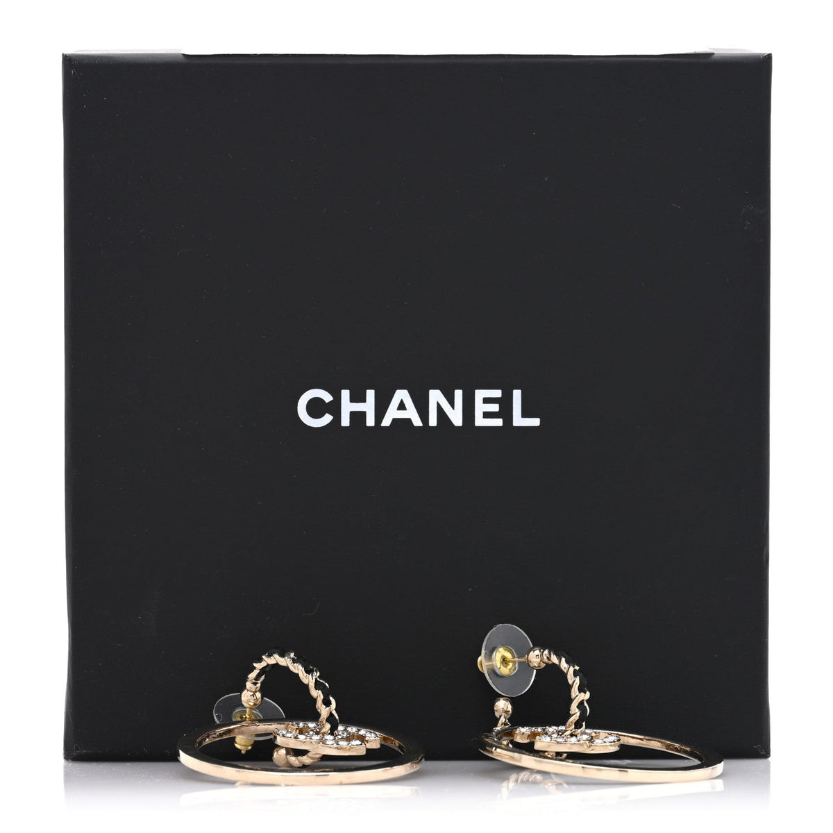 Chanel Metal Crystal Lambskin CC Chain Hoop Earrings Gold Black