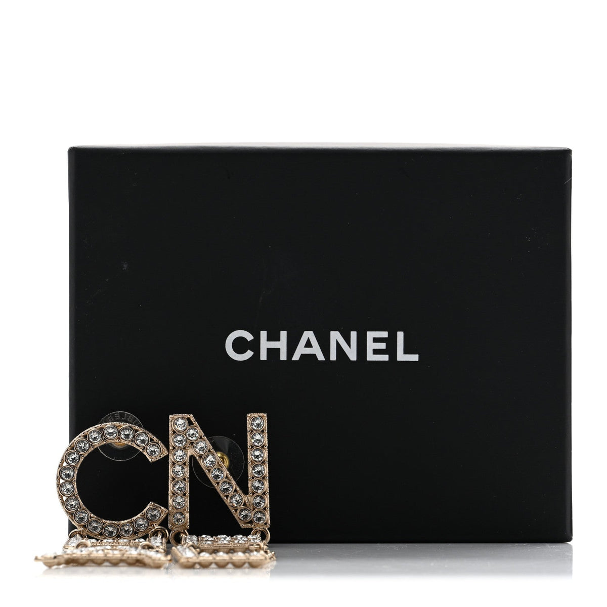 Chanel Crystal Cha-Nel Logo Drop Earrings Gold