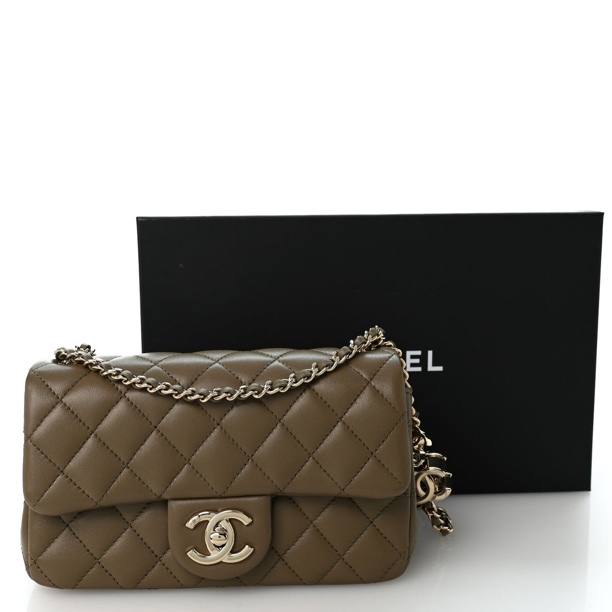 Chanel Lambskin Quilted Mini Rectangular CC Slide Flap Bag Dark Khaki
