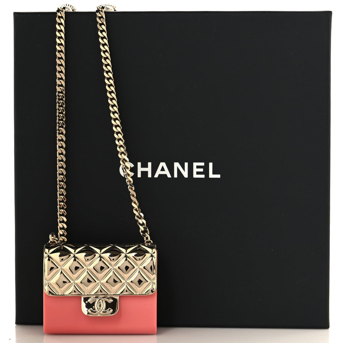 Chanel Metal Resin Flap Bag Long Necklace Gold Pink