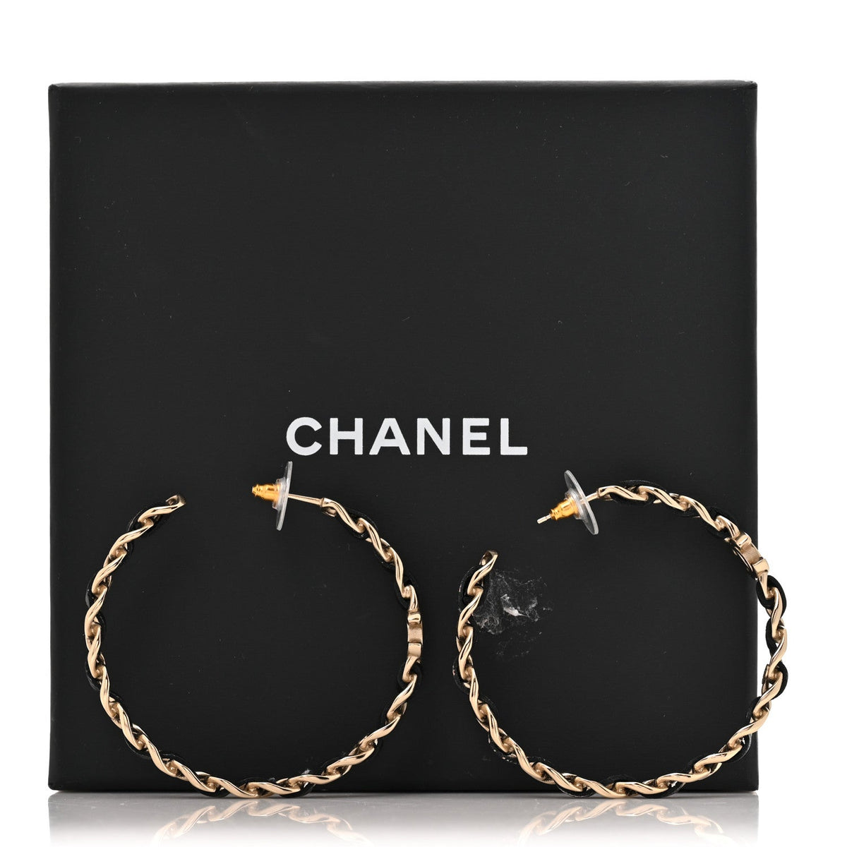 Chanel Lambskin CC Chain Hoop Earrings Gold Black