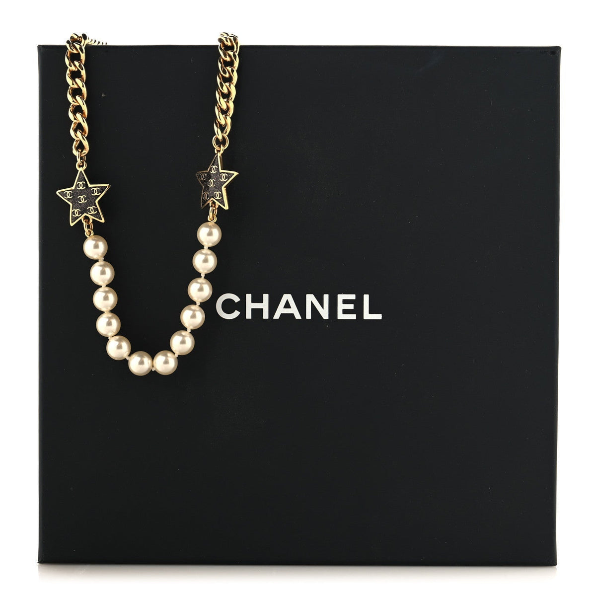 Chanel Metal Enamel Pearl Star CC Necklace Gold White