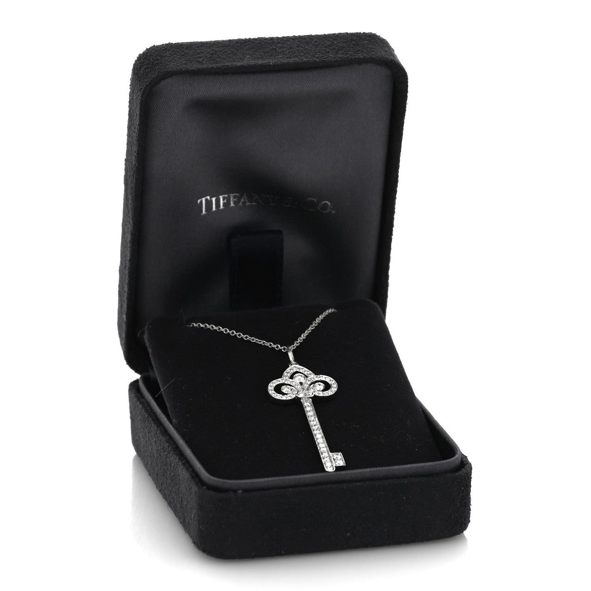 Tiffany Platinum Diamond 0.41ctw Fleur De Lis Key Pendant Necklace 45.7cm