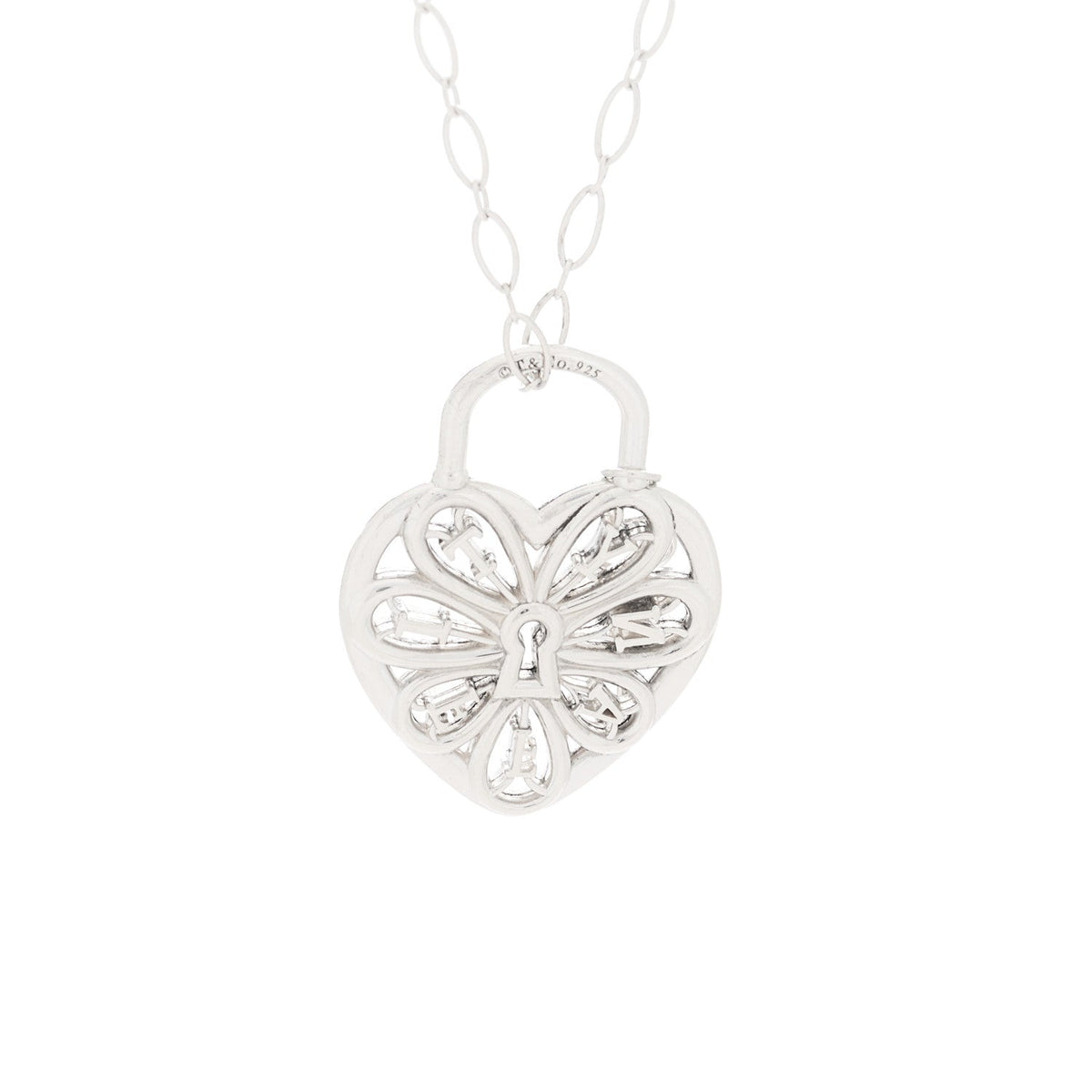 Tiffany Sterling Silver Large Filigree Heart Lock Key Pendant Necklace