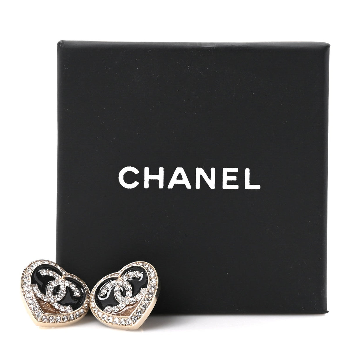 Chanel Resin Crystal Glitter CC Heart Earrings Black Gold