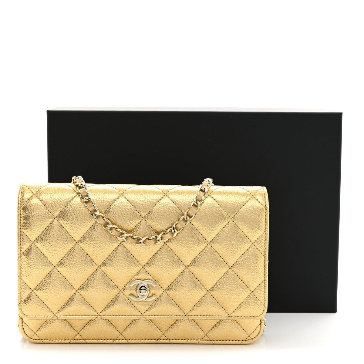 Chanel Metallic Caviar Quilted CC Turnlock Wallet On Chain Gold 1984250