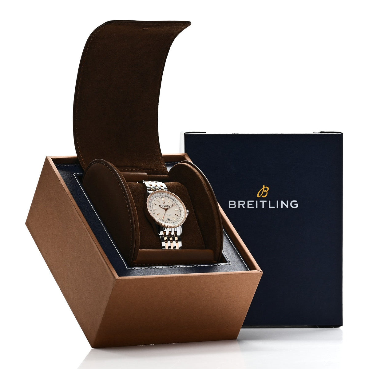 Breitling Stainless Steel 18K Rose Gold 38mm Navitimer Watch Silver U17325