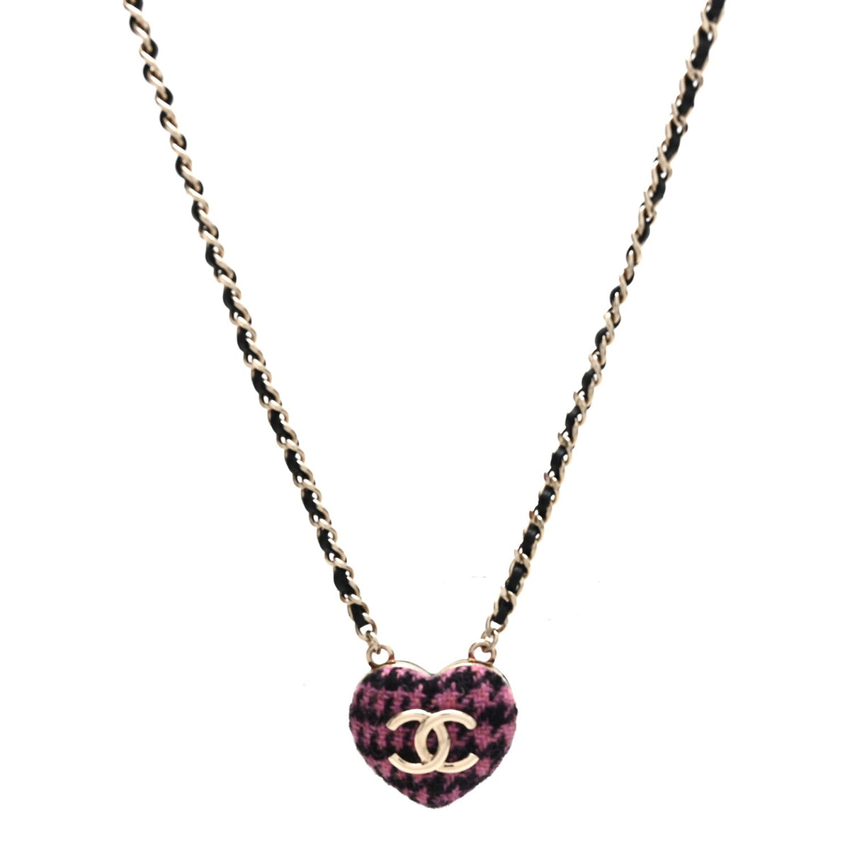 Tweed Lambskin CC Heart Locket Necklace Gold Black Pink