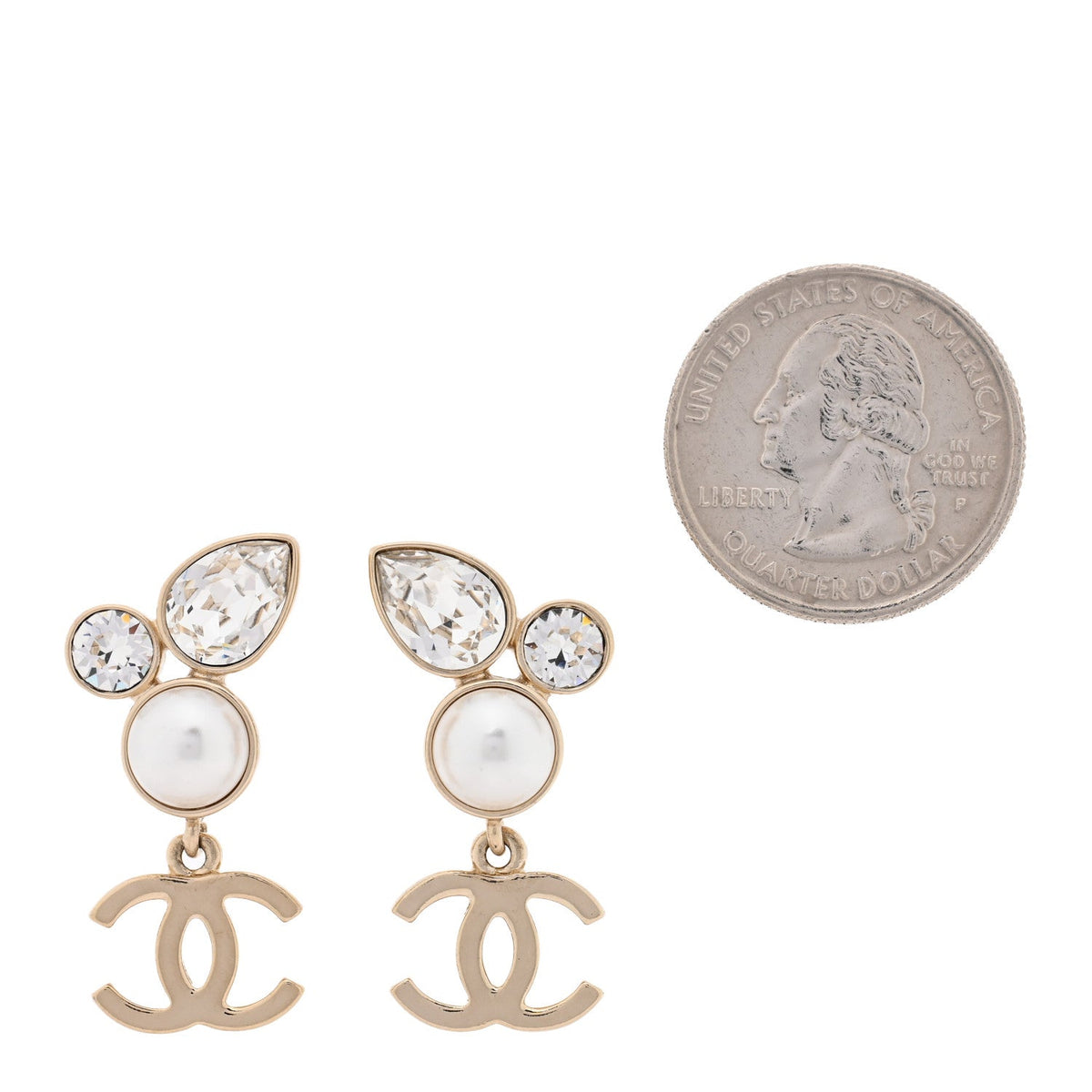 Pearl Crystal CC Drop Earrings Gold