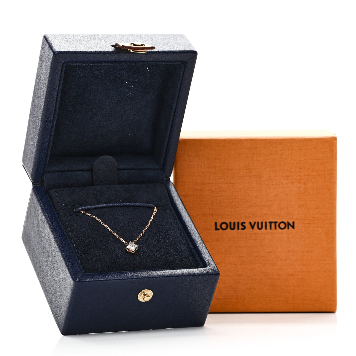 Louis Vuitton 18K Pink Gold Diamond 0.38ct LV Monogram Star Cut Pendant Necklace