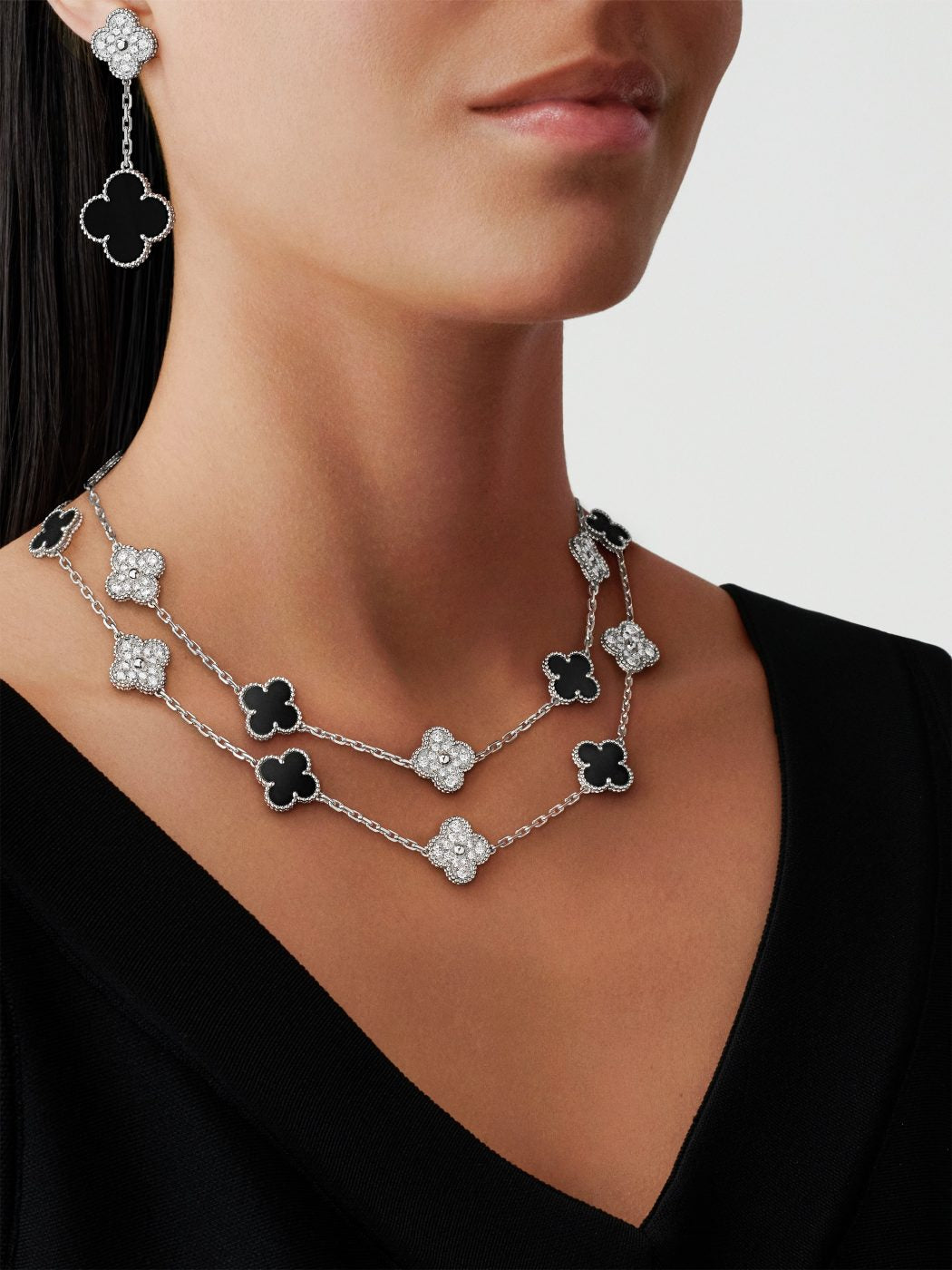 18K White Gold Diamond VCA Magic Alhambra Earrings 2 Motifs