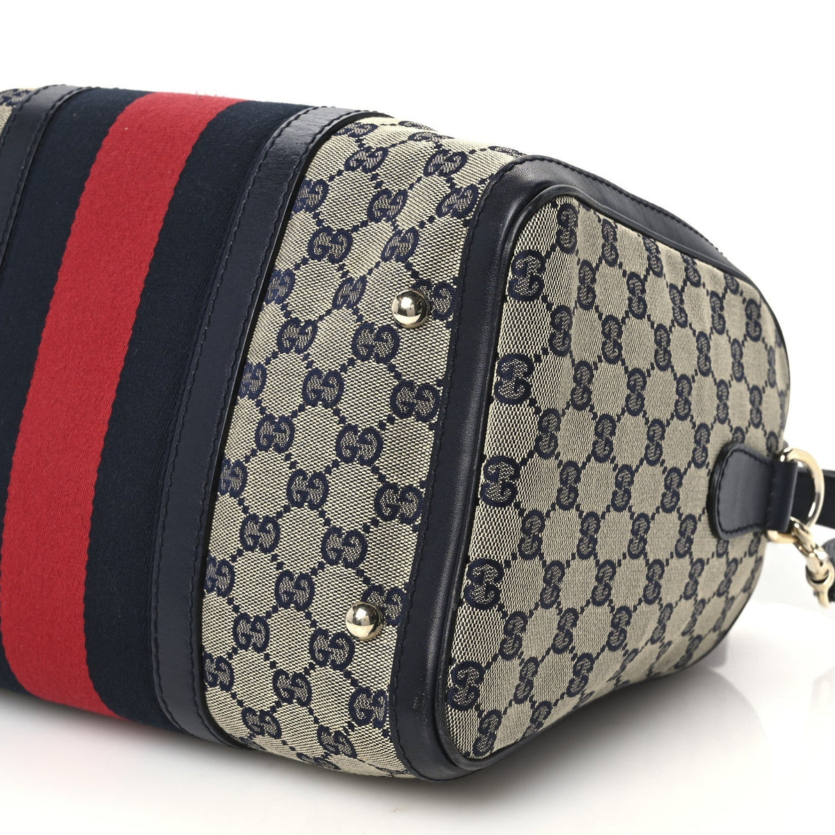 Gucci Monogram Selleria Calfskin Vintage Web Medium Boston Beige Blue