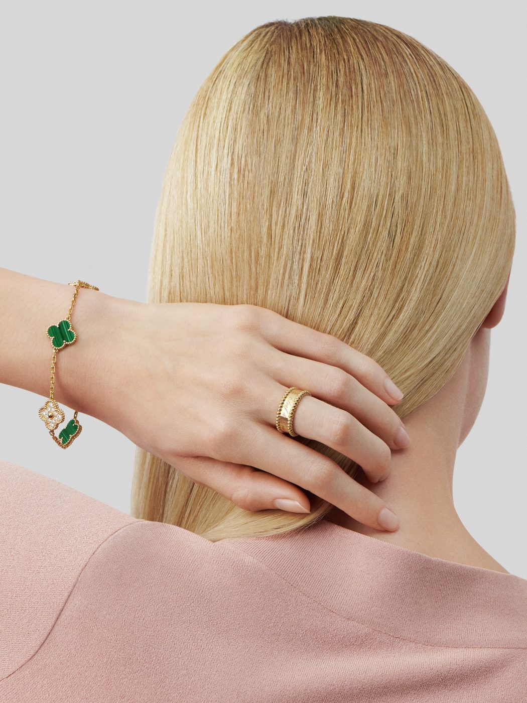 18K Yellow Gold Malachite Diamond VCA Vintage Alhambra Bracelet 5 Motifs