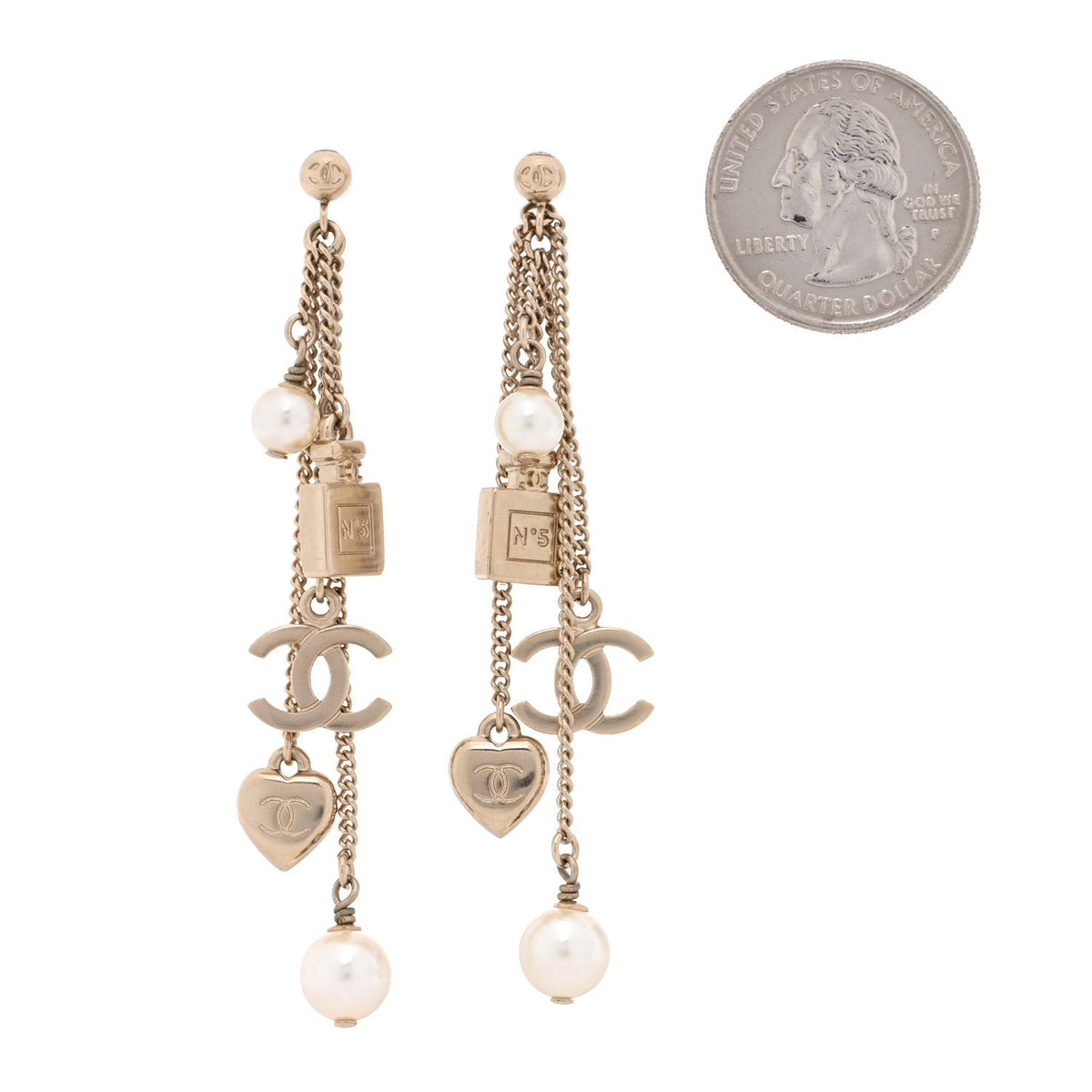 Metal Pearl Chain Charm Drop Earrings Gold