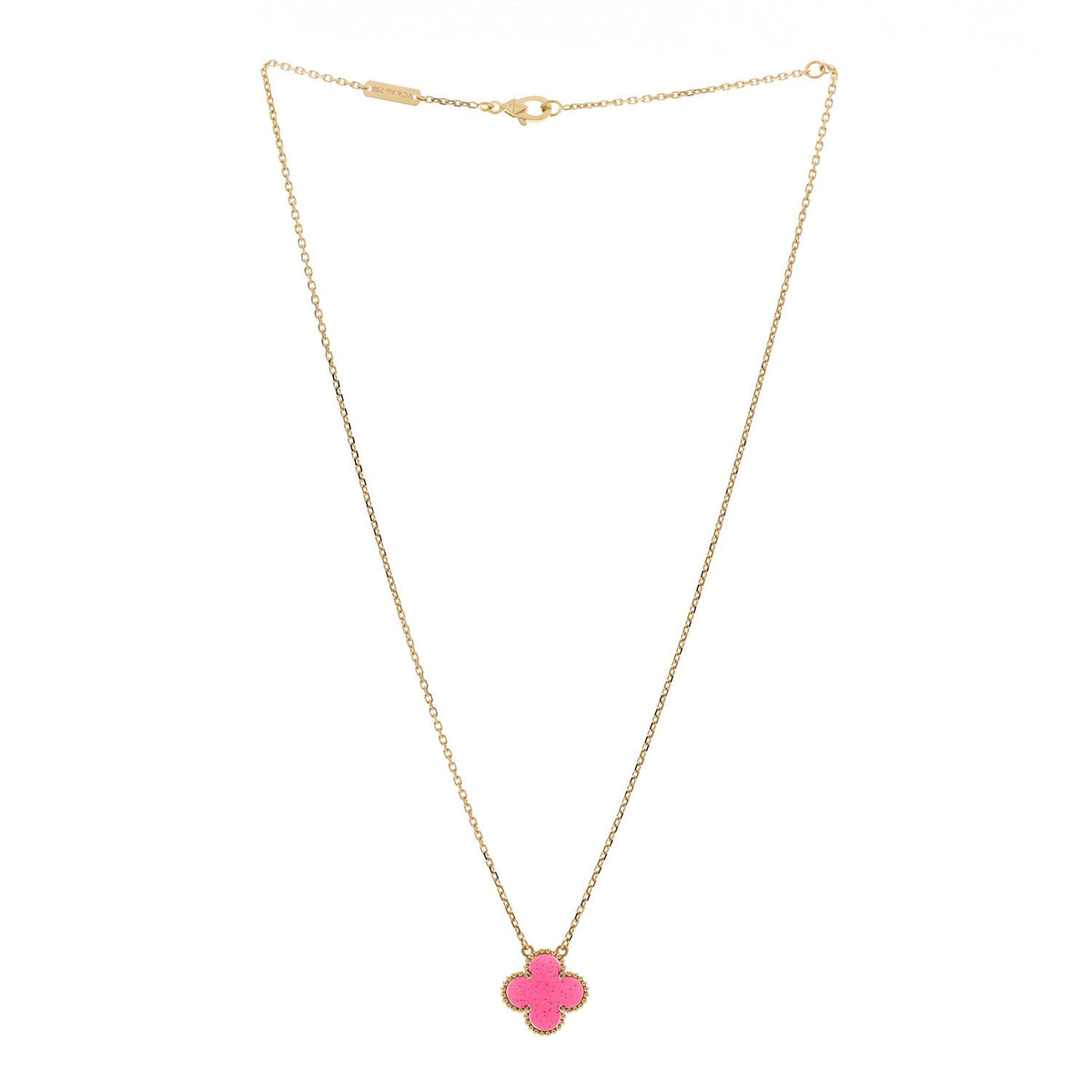 Van Cleef & Arpels 18K Yellow Gold Pink Enamel Vintage Alhambra Pendant Necklace