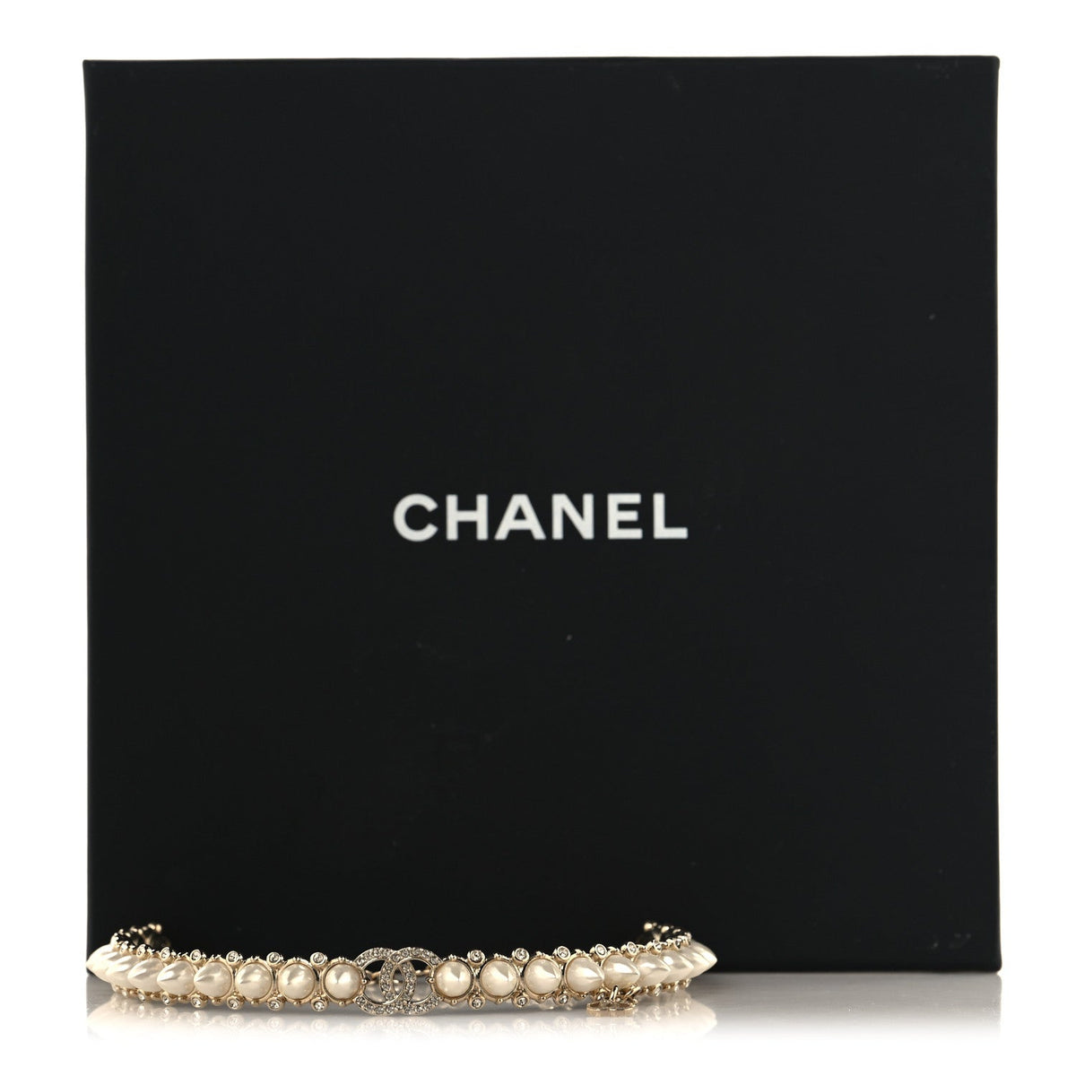 Chanel Strass Crystal Studded Pearl CC Choker Necklace Gold Pearly White
