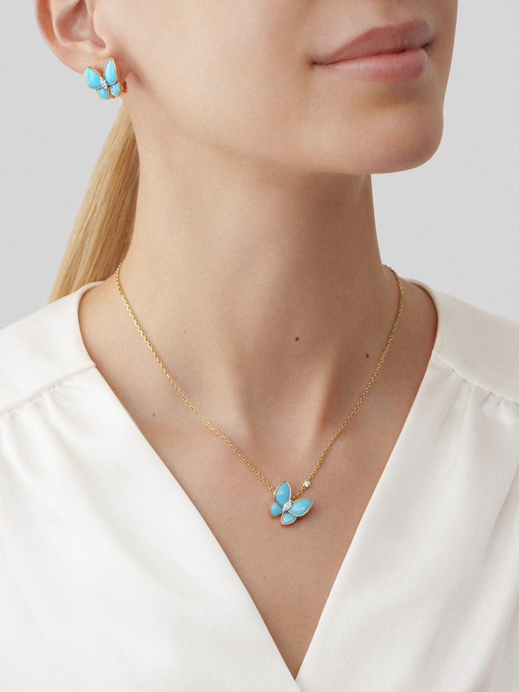 18K Gold Diamond Turquoise VCA Two Butterfly Pendant