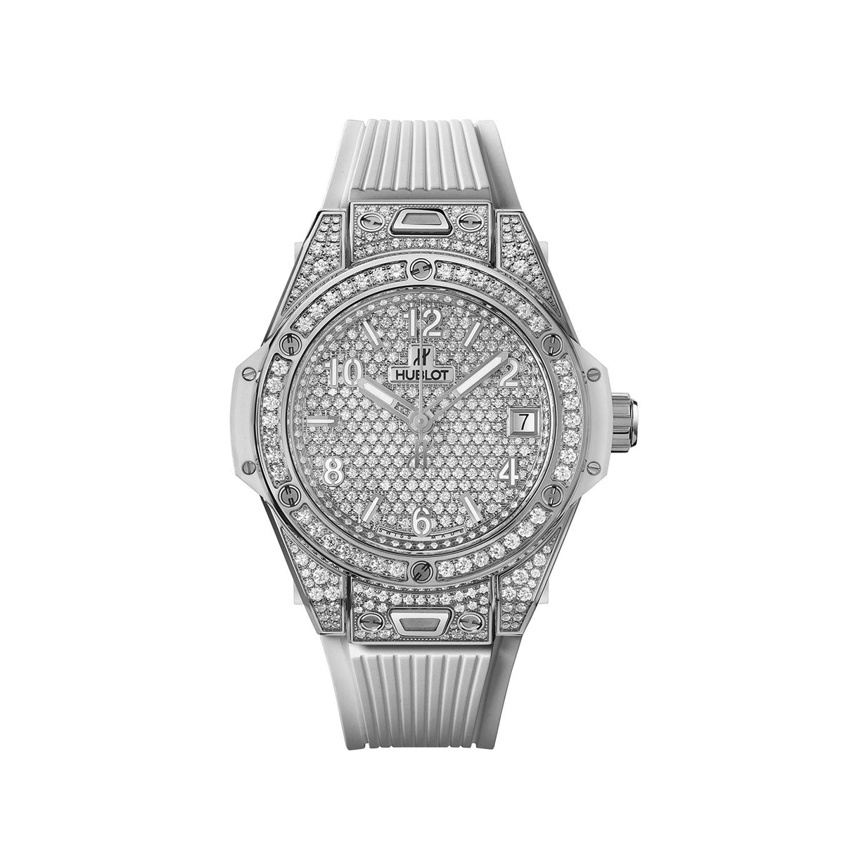 HB Big Bang ONE CLICK STEEL WHITE FULL PAVÉ Ref# 465.SE.9010.RW\\.1604