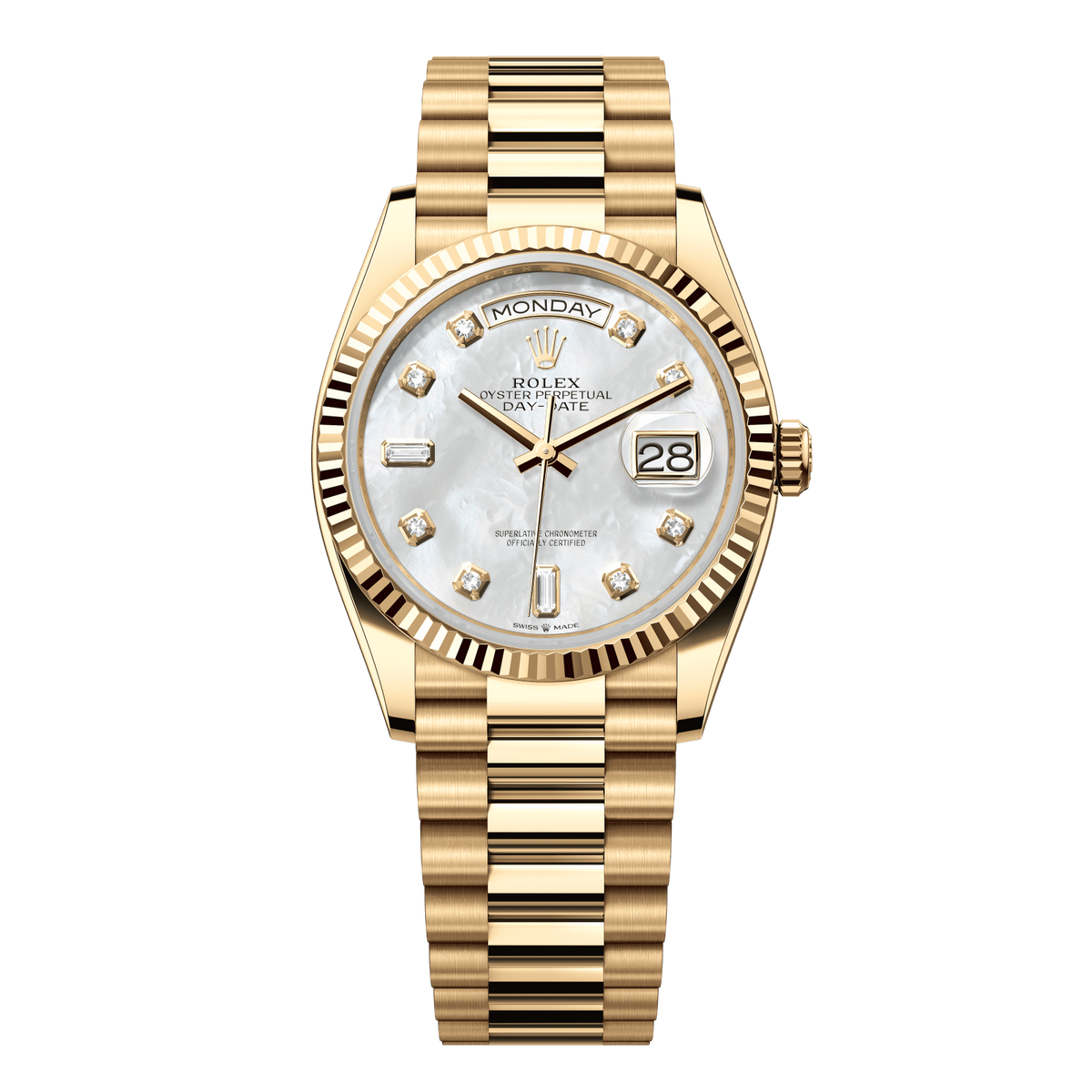 Rolex Day-Date 36 mm White Mother-Of-Pearl Diamonds 18k Yellow Gold President 128238-0011