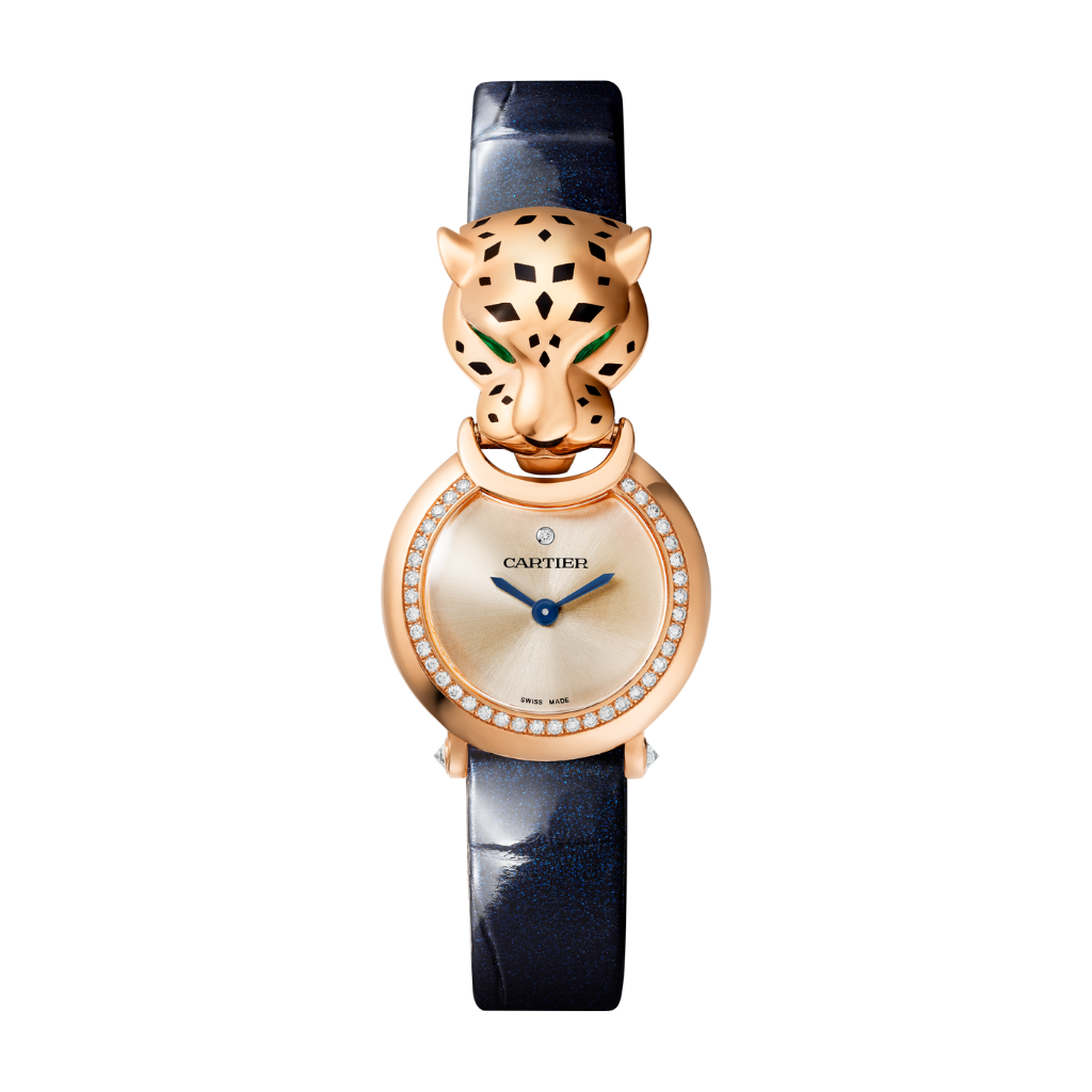 Cartier Panthère 23.6 mm Golden Dial 18k Rose Gold Blue Leather Strap HPI01609
