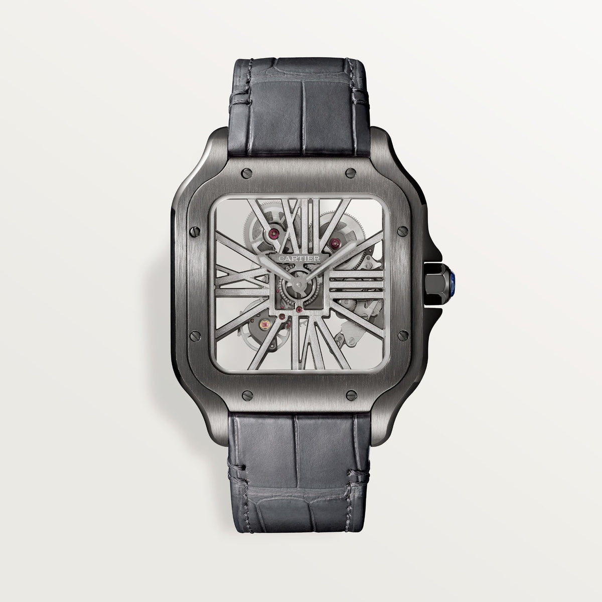 Cartier Santos Large Steel Grey Dial Leather Strap WHSA0009