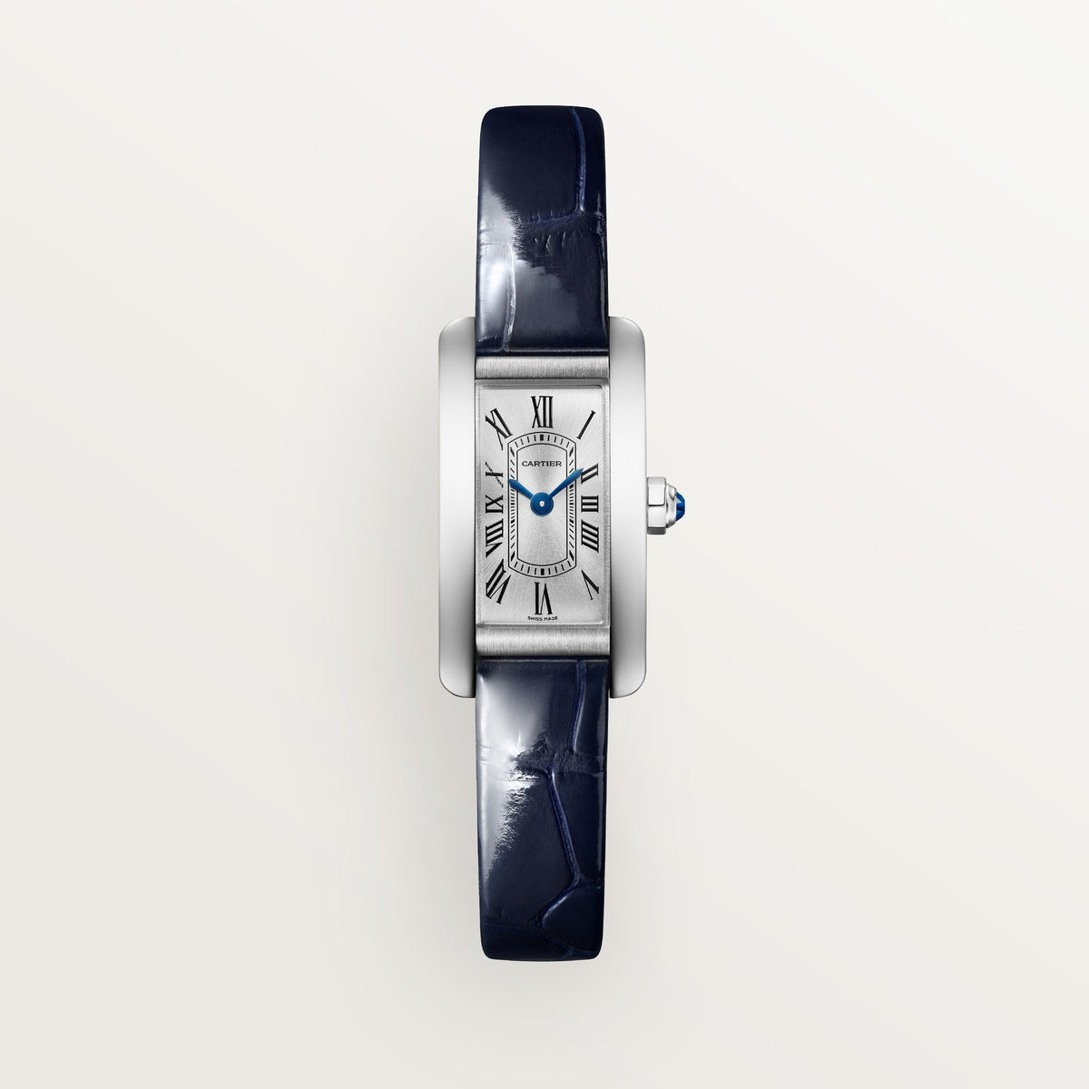 Cartier Tank Américaine Mini Steel Silver Sunray Dial Shiny Blue Strap WSTA0081