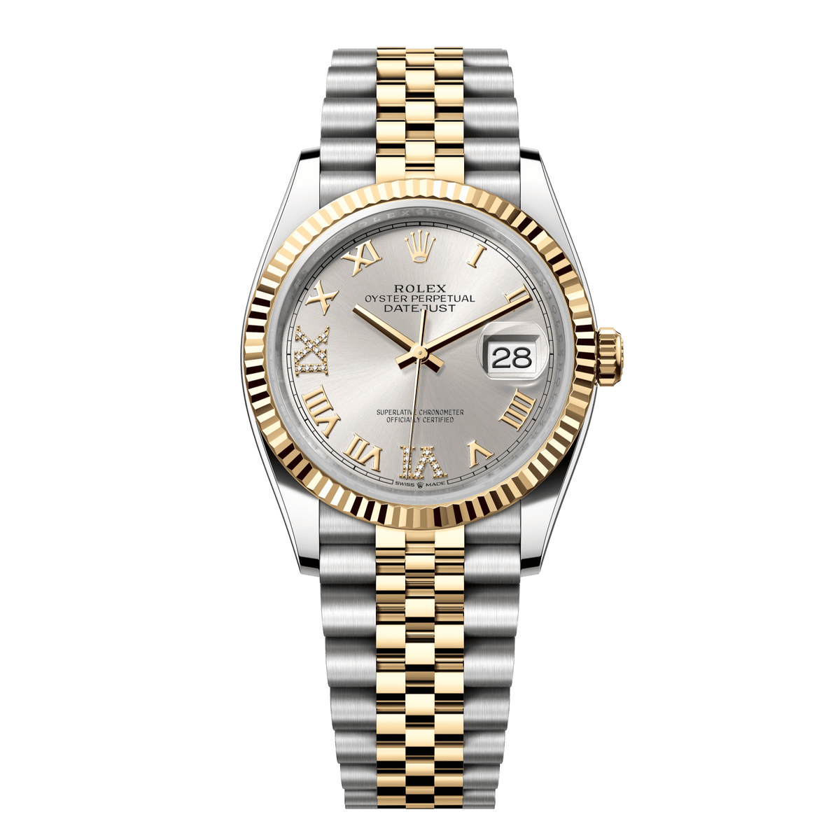 Rolex Datejust 36 mm Silver Diamonds 18k Yellow Gold Jubilee 126233-0031