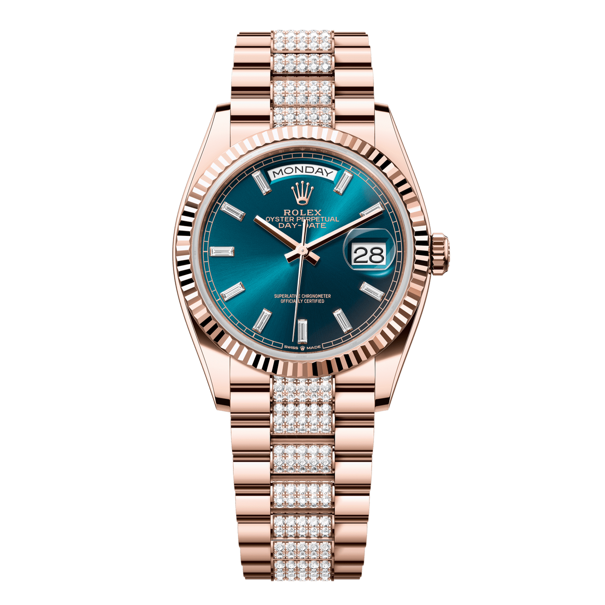 Rolex Day-Date 36 mm Blue-Green Diamonds 18k Everose Gold President 128235-0086