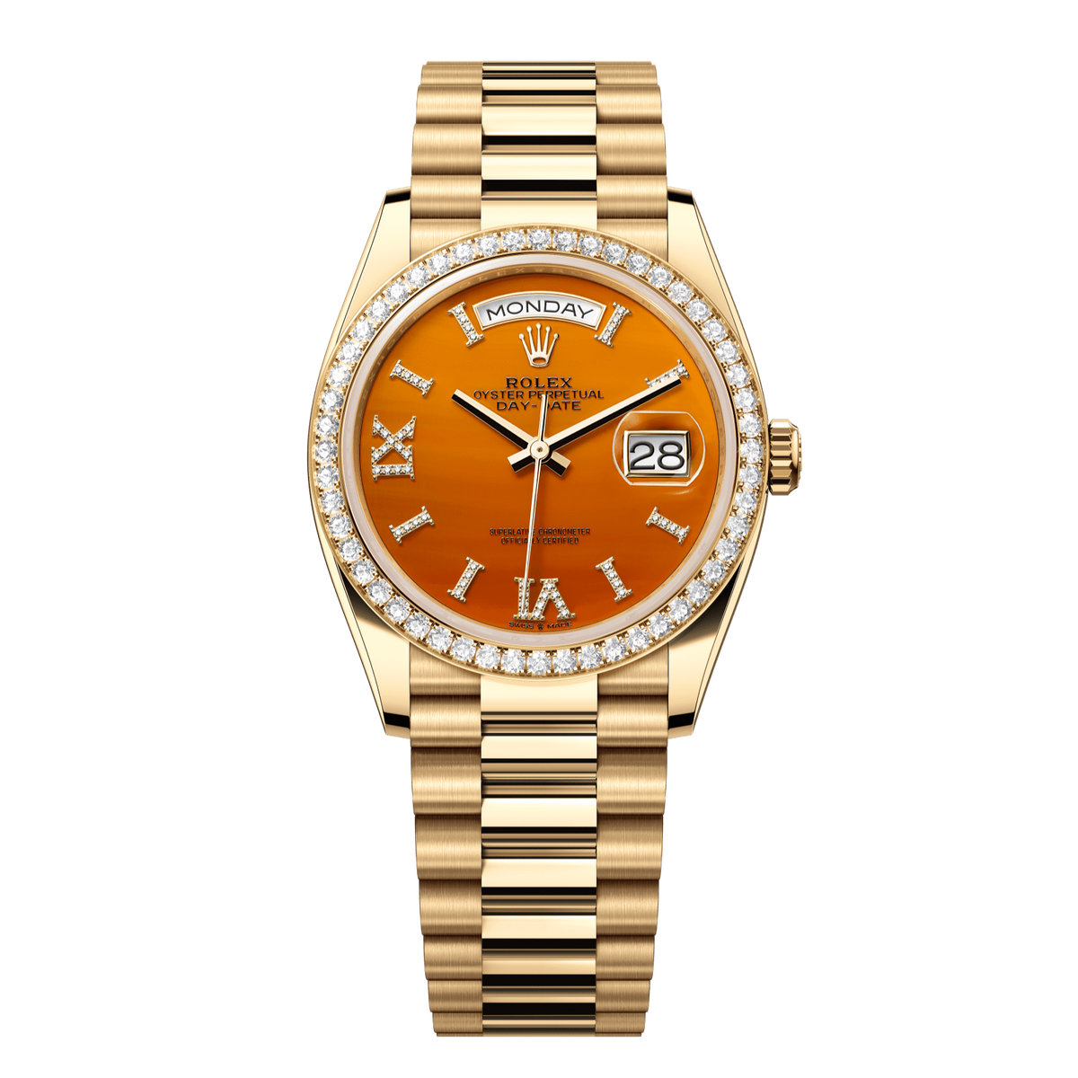 Rolex Day-Date 36 mm Carnelian Diamonds 18k Yellow Gold 128348rbr-0049