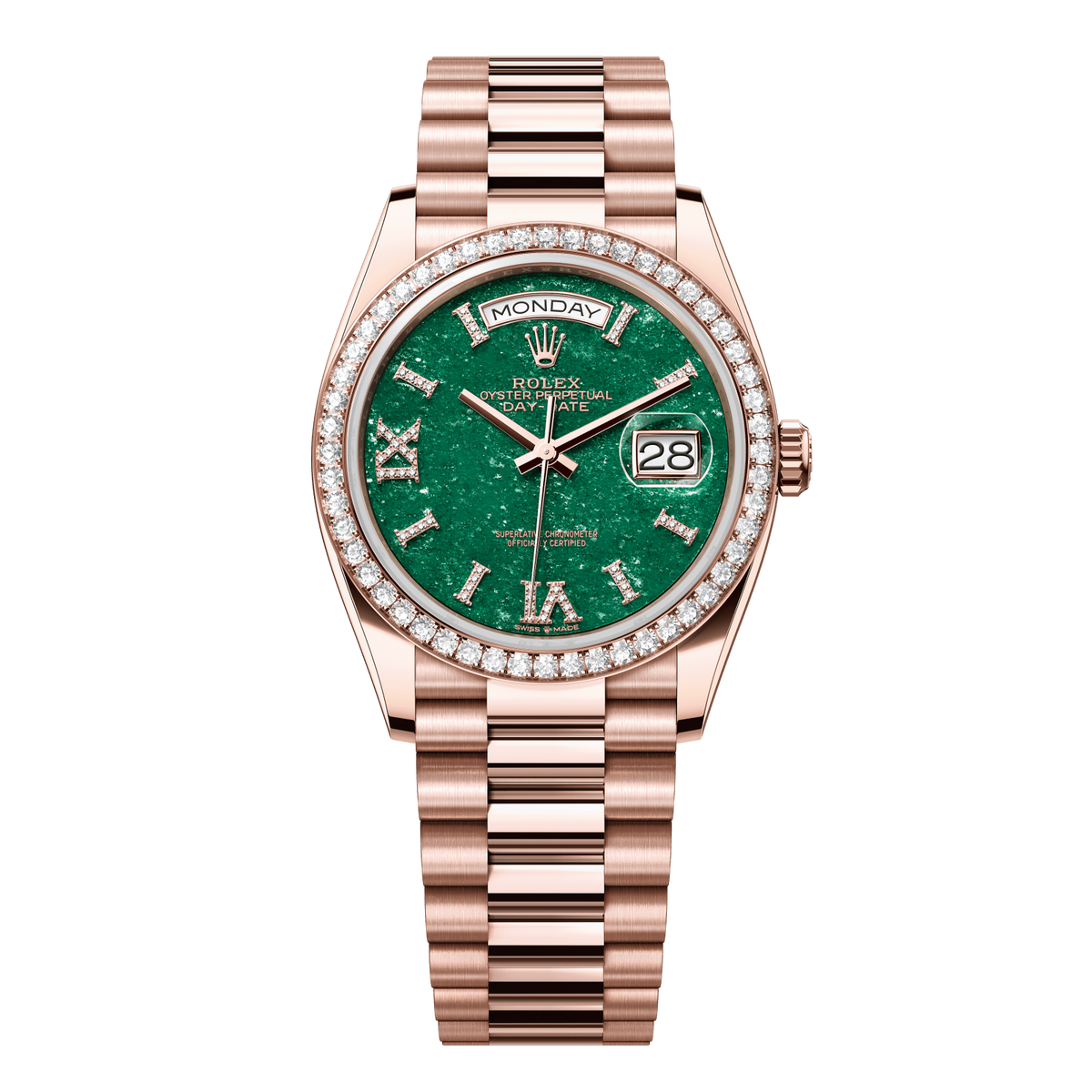 Rolex Day-Date 36 mm Green Aventurine Diamond 18k Everose Gold President 128345rbr-0068