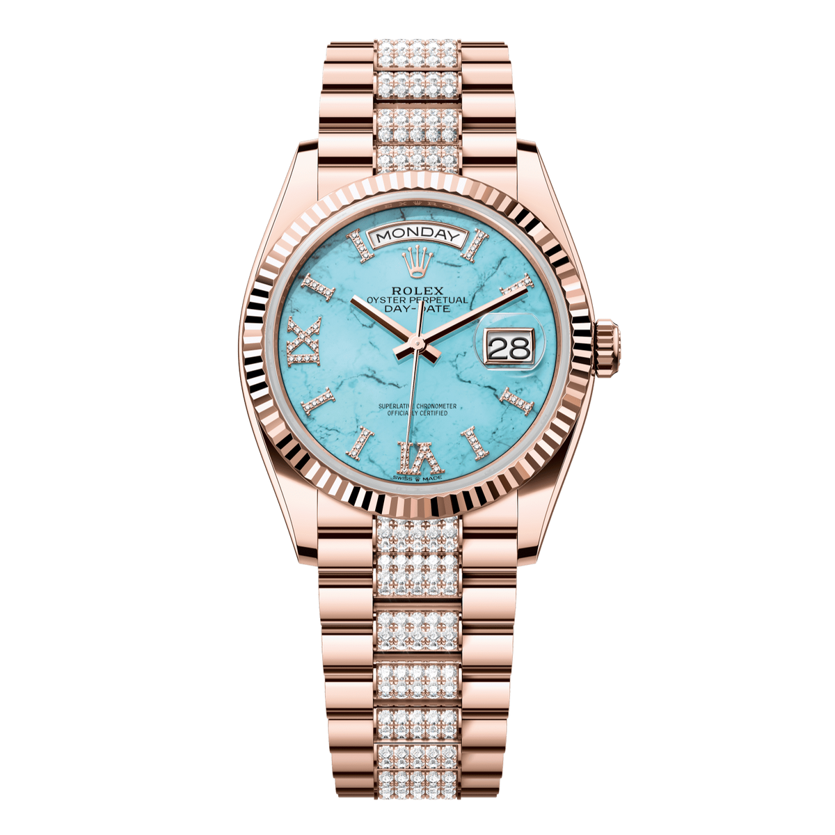 Rolex Day-Date 36 mm Turquoise Diamonds 18k Everose Gold President 128235-0065