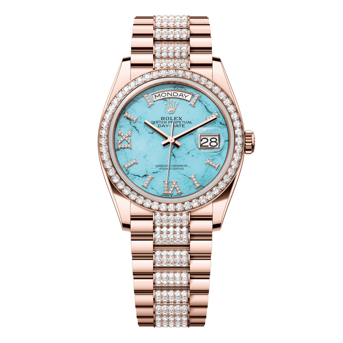 Rolex Day-Date 36 mm Turquoise Diamonds 18k Everose Gold President 128345rbr-0065