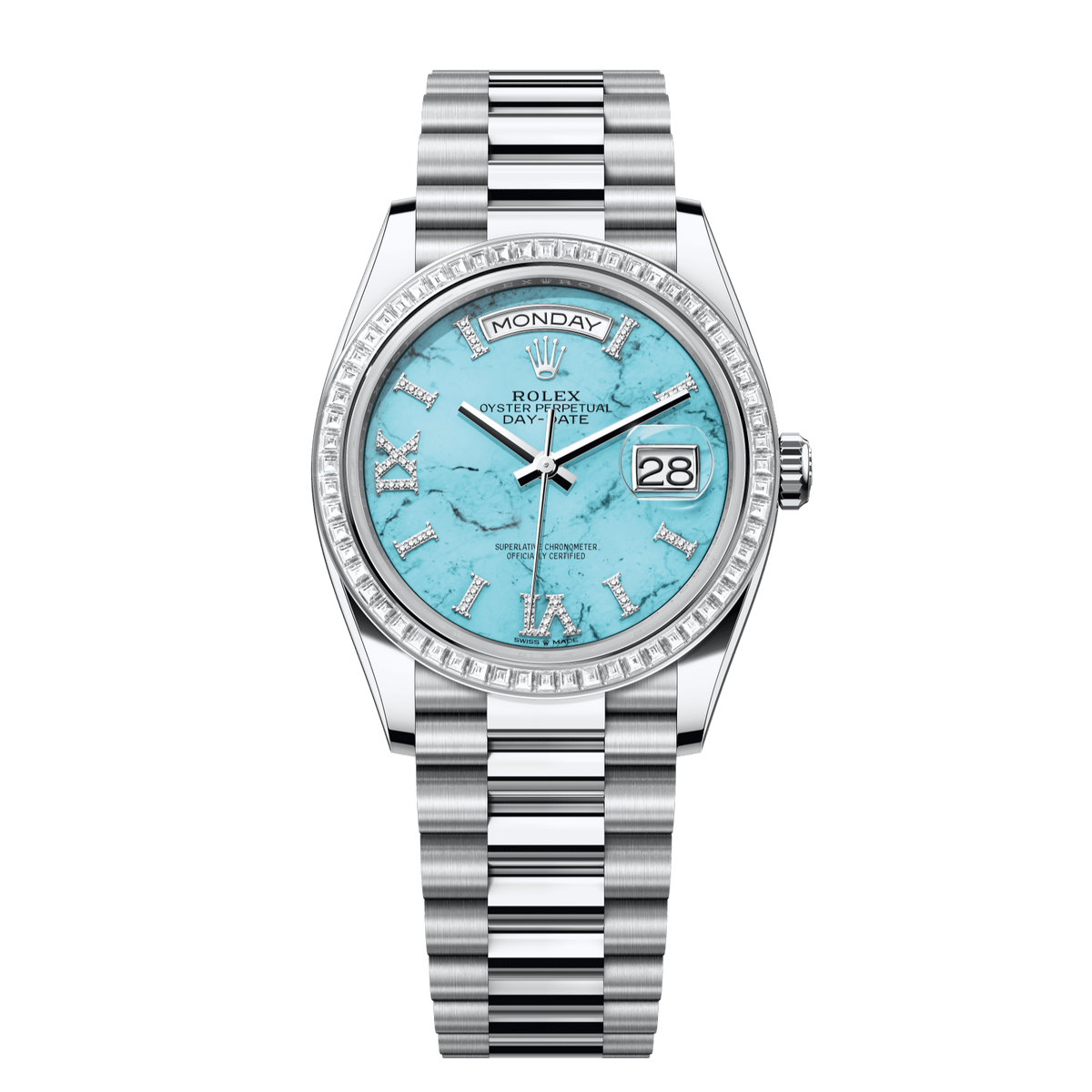 Rolex Day-Date 36 mm Turquoise Diamonds Platinum President 128396tbr-0016