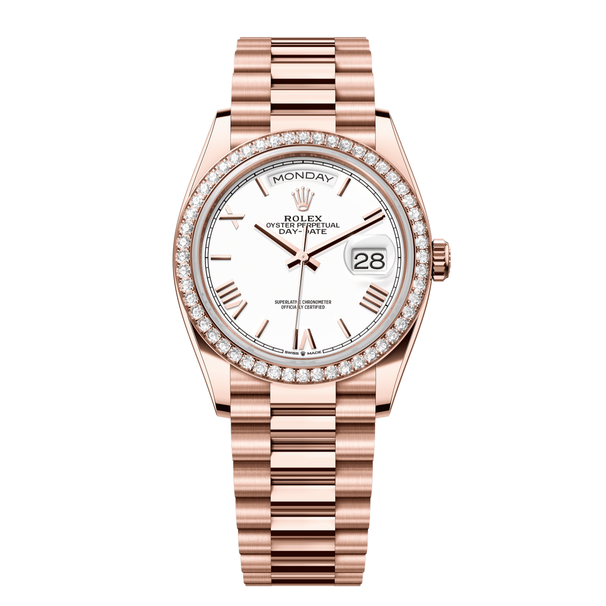 Rolex Day-Date 36 mm 18 kt Everose Gold White Diamond President 128345rbr-0070