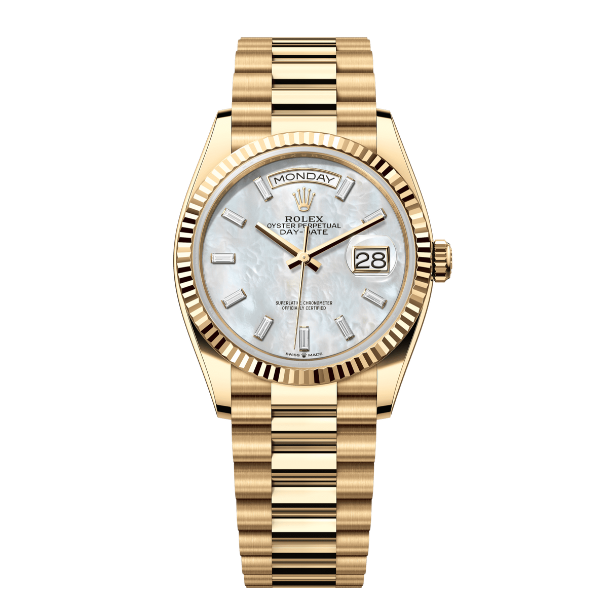 Rolex Day-Date 36 mm White Mother-Of-Pearl Diamonds 18k Yellow Gold President 128238-0123