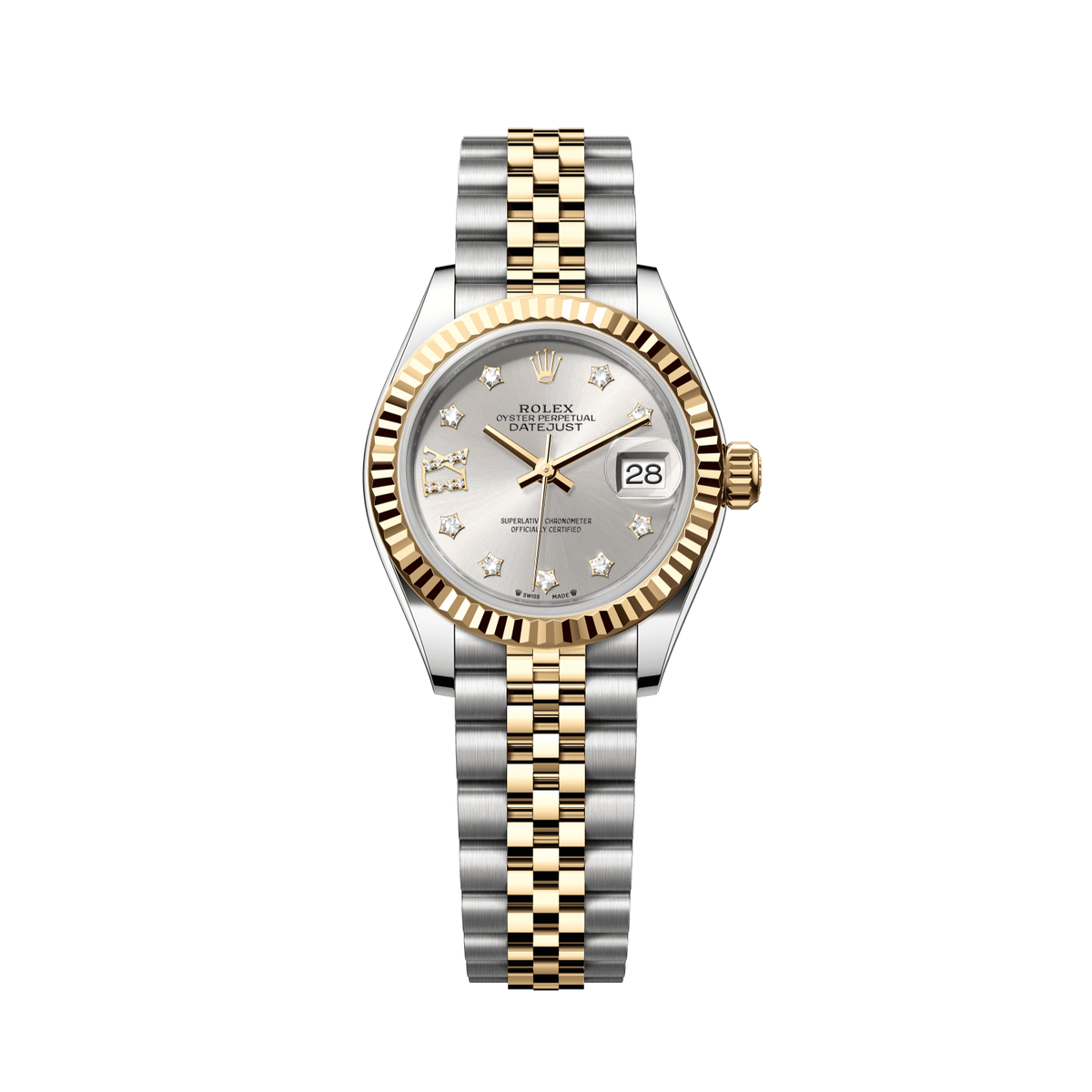 Rolex Lady-Datejust 28 mm Oystersteel Yellow Gold Silver Diamond Dial Bracelet 279173-0003